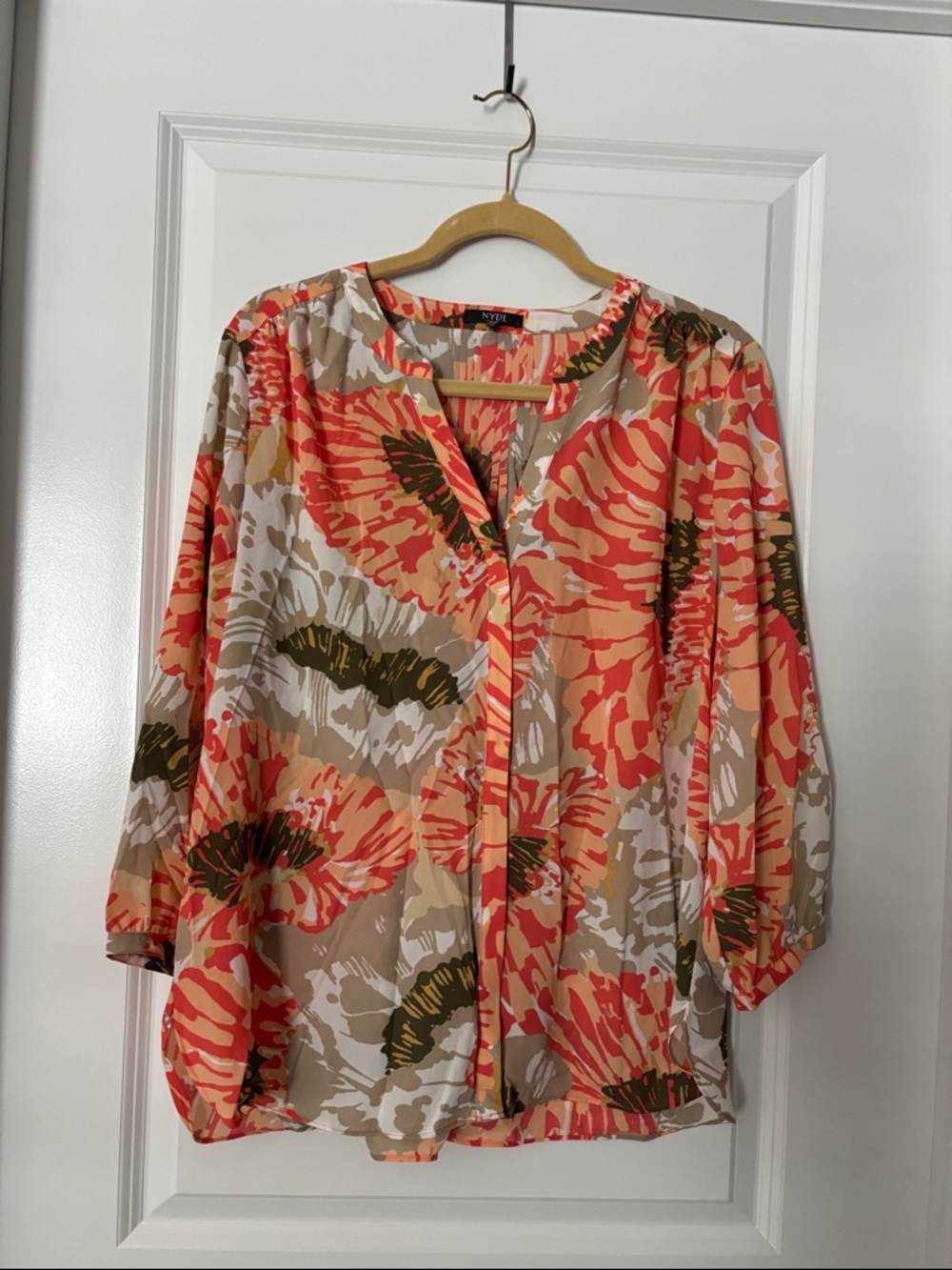 NYDJ Coral and Olive Floral Button-Front Blouse